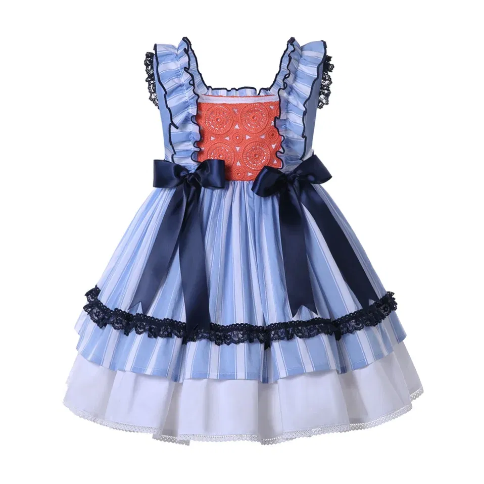 Color: MULTI, Kid Size: 3T - Pettigirl Summer Children Blue Stripe Baby Girls Princess Dresses for Evening Wedding Party Kids Birthday Gifts 2345681012 Years