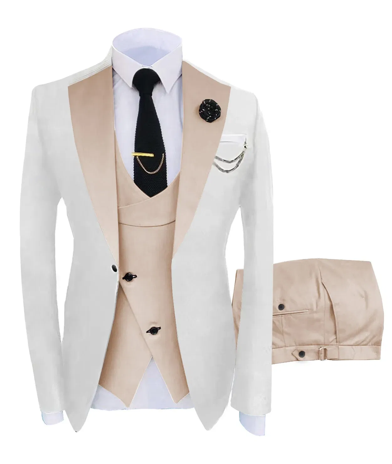 Color: WHITE, Size: One Size - ( Jacket + Vest + Pants )Suits for Mens 2024 Casual Business Suit High-end Social Formal Suit 3 Pcs Set Groom Wedding Men