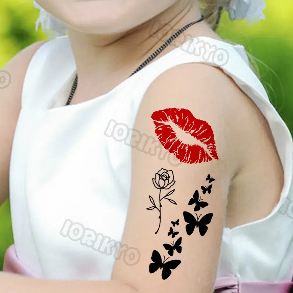 Color: transparent - Sexy Red Lips Flower Temporary Tattoo For Kids Boys Girls Adult Small Rose Butterfly Tattoos Sticker Fake Tatoos Arm Neck Face