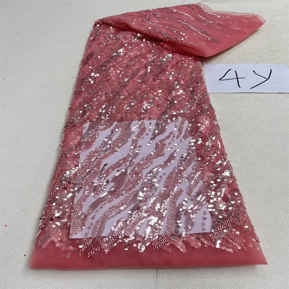 Color: Ginger, Length: 5 yards, Width: 120cm - 2025 African Nigerian Tulle Lace Fabric Sequins Sewing Guipure Beads Stone Embroidery Dresses High Quality 4 Yards