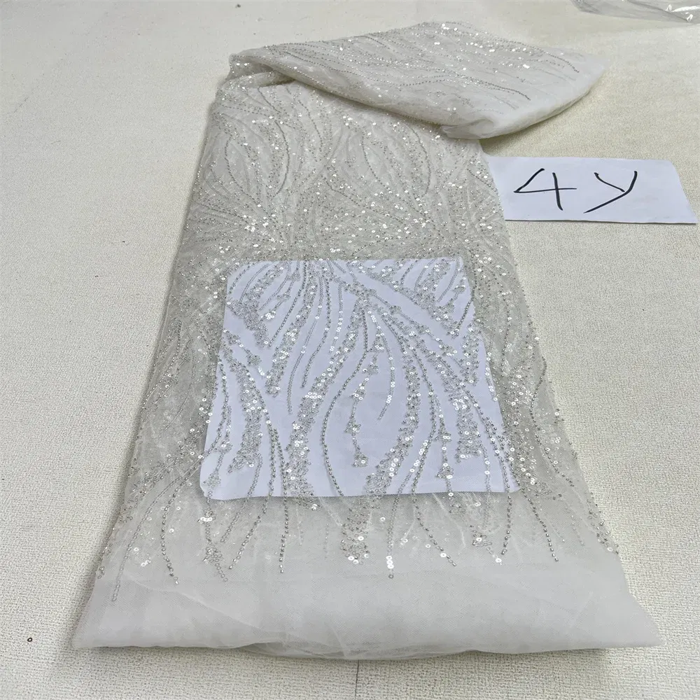 Color: Ginger, Length: 5 yards, Width: 120cm - 2025 African Nigerian Tulle Lace Fabric Sequins Sewing Guipure Beads Stone Embroidery Dresses High Quality 4 Yards