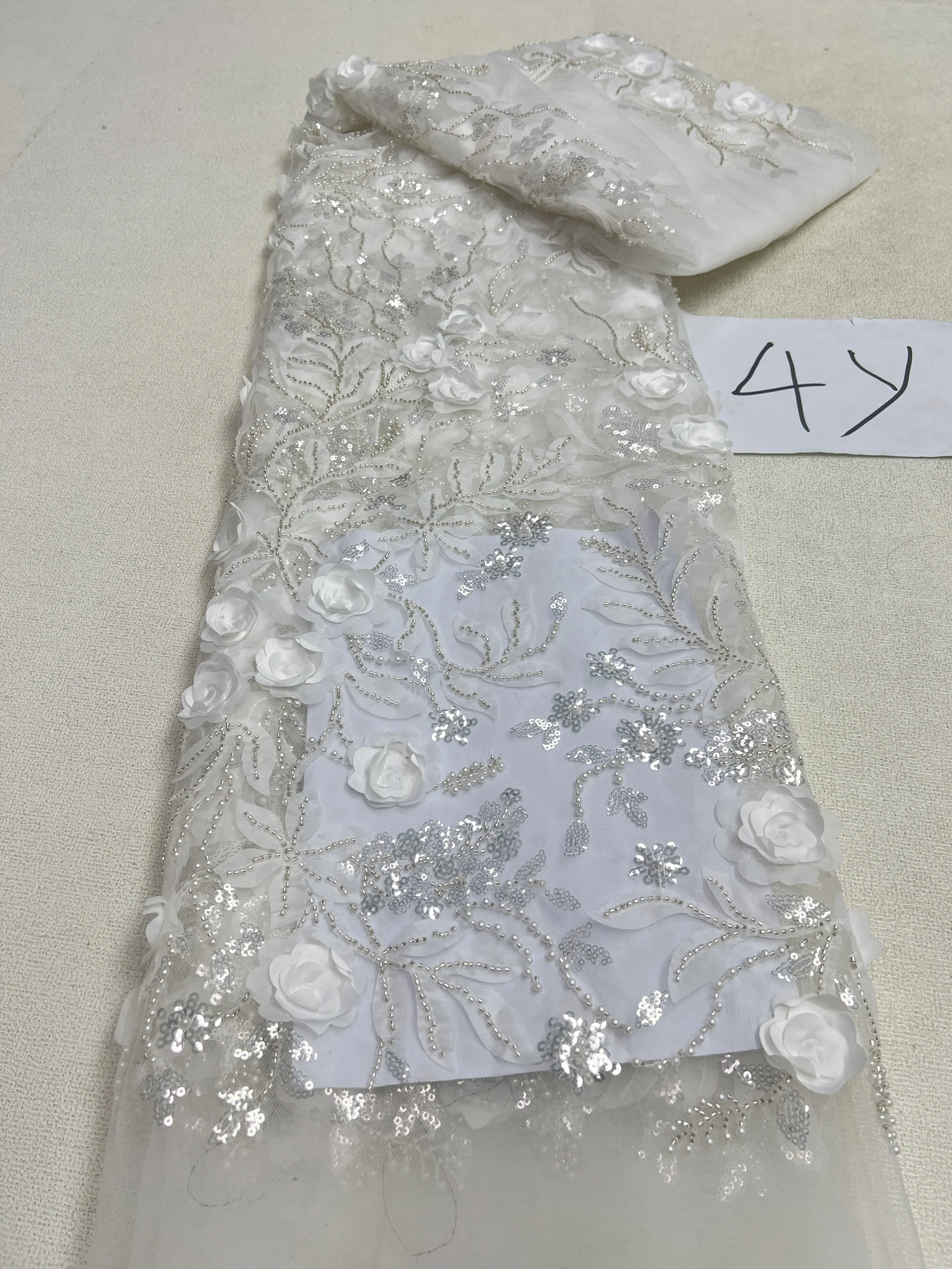 Color: Ginger, Length: 5 yards, Width: 120cm - 2025 African Nigerian Tulle Lace Fabric Sequins Sewing Guipure Beads Stone Embroidery Dresses High Quality 4 Yards