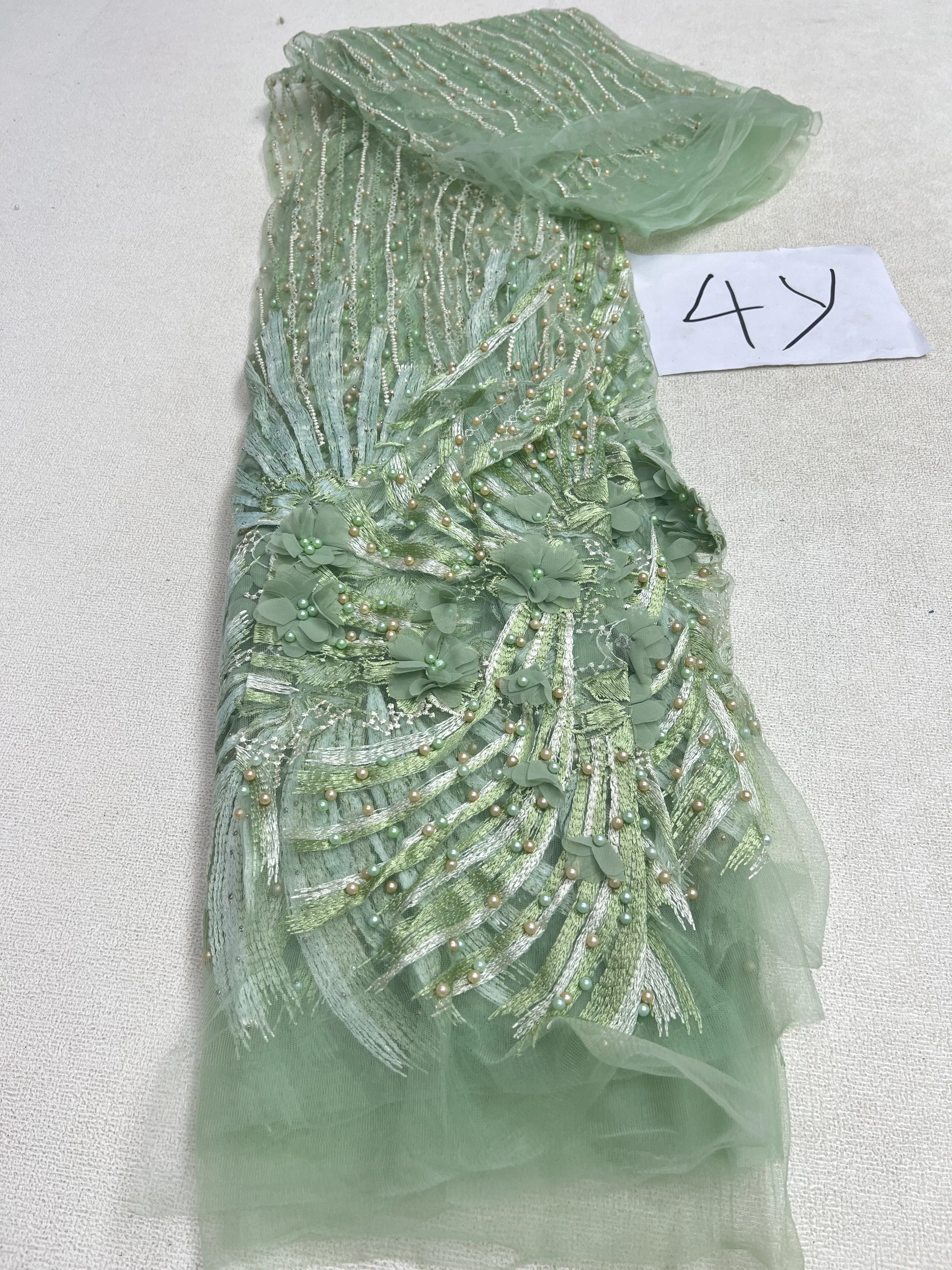 Color: Ginger, Length: 5 yards, Width: 120cm - 2025 African Nigerian Tulle Lace Fabric Sequins Sewing Guipure Beads Stone Embroidery Dresses High Quality 4 Yards