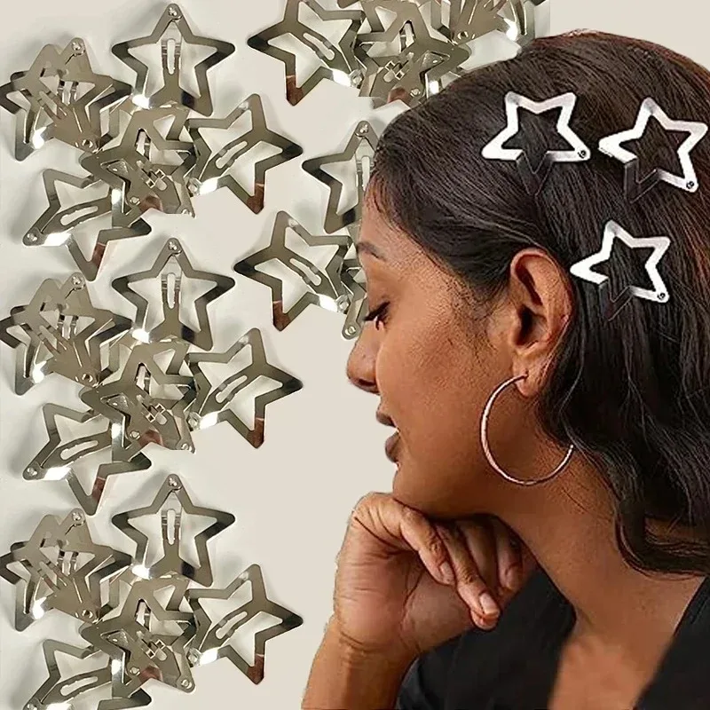 Color: Black - 10/25/50/100/200pcs Sliver Y2K Star BB Hair Clips for Girl Metal Snap Hairpins Barrettes Women Filigree Styling Hair Accessorie