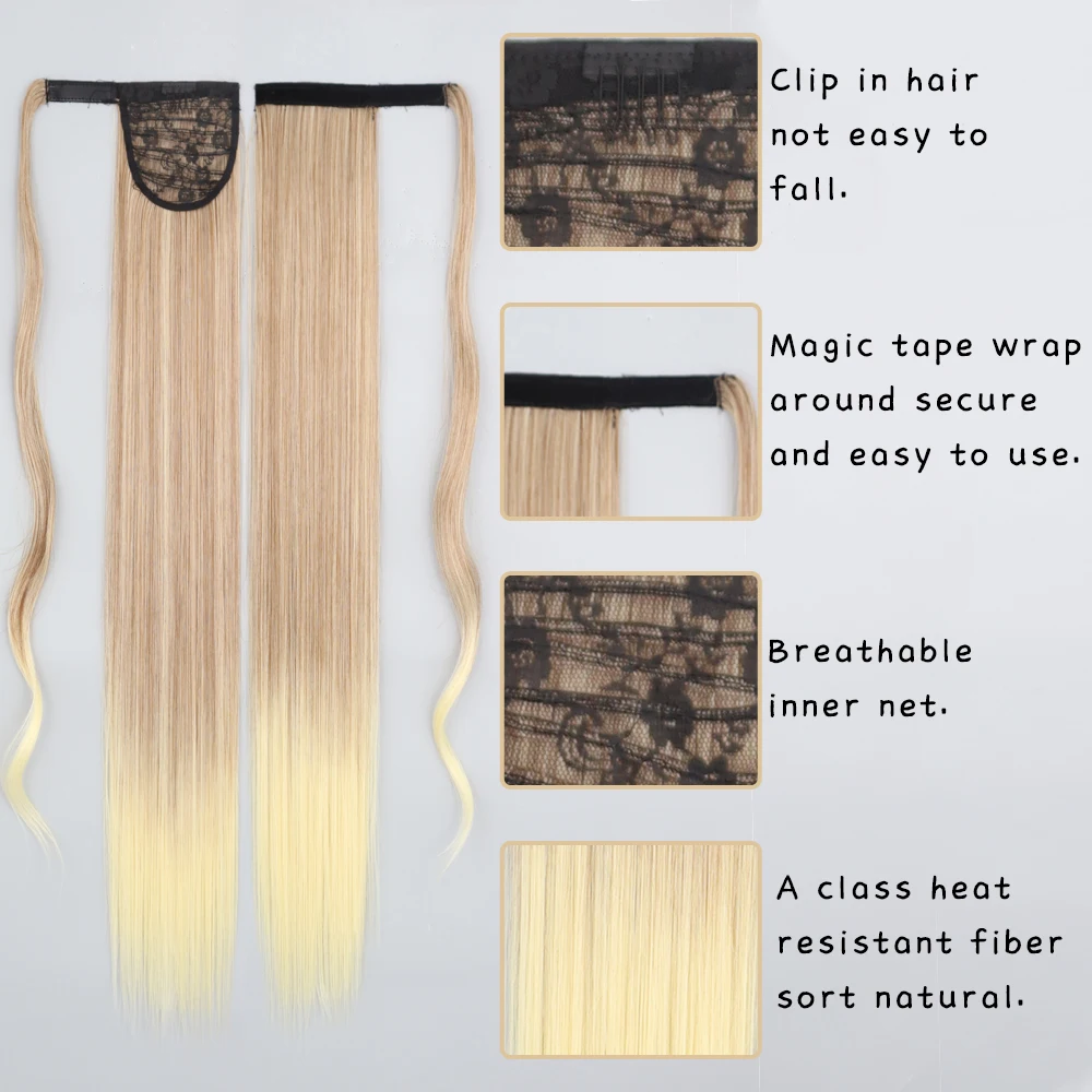 Color: #5, Stretched Length: 22inches - AZQUEEN Straight Synthetic Hairpiece With Ponytail 85cm Super Long Wrap Around Clip In Hair Extensions Pony Tail For Daily Wear