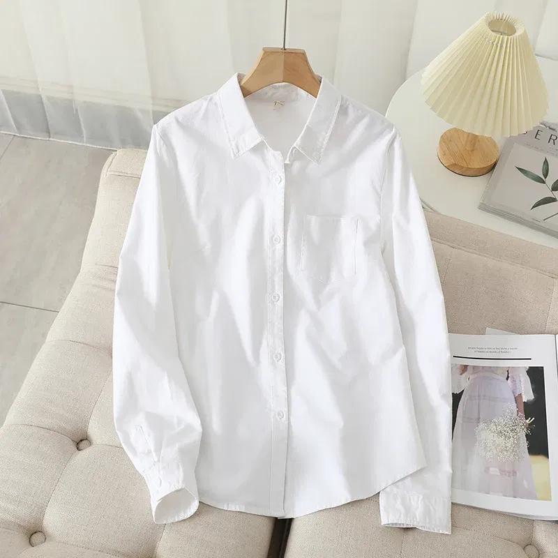 Color: SKY BLUE, Size: S - Women's Casual Cotton Oxford Shirt 2023 New Woman Striped Blouse and Tops Simple Solid Lady White Blue Shirts Clothes