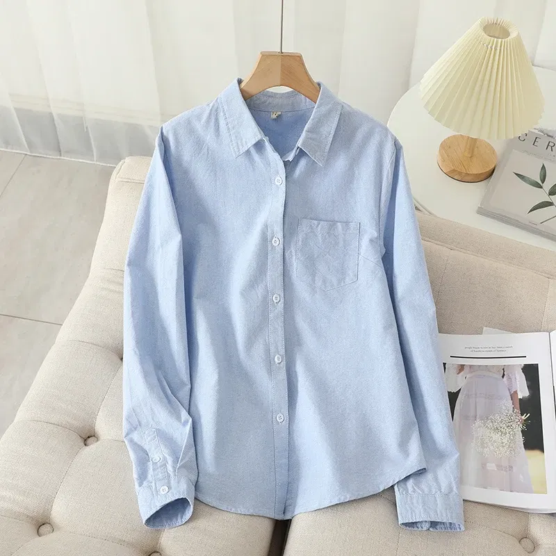 Color: SKY BLUE, Size: S - Women's Casual Cotton Oxford Shirt 2023 New Woman Striped Blouse and Tops Simple Solid Lady White Blue Shirts Clothes