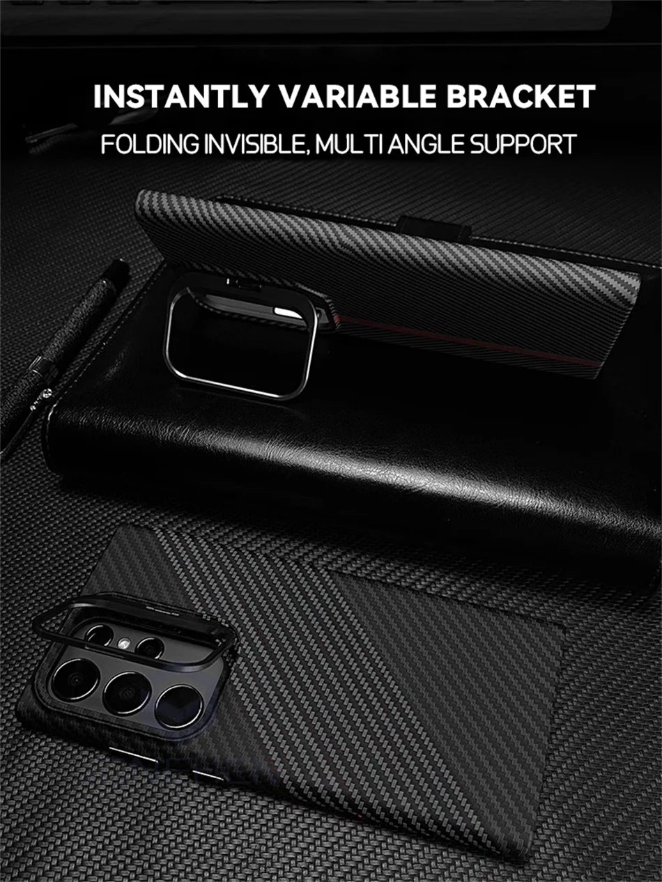 Color: Beige, Material: Plastic - Magnetic Pixel Carbon Fibre Pattern Slim Case For Samsung Galaxy S24 Plus S23 Ultra Luxury Shockproof Hard Cover Stand Metal Len