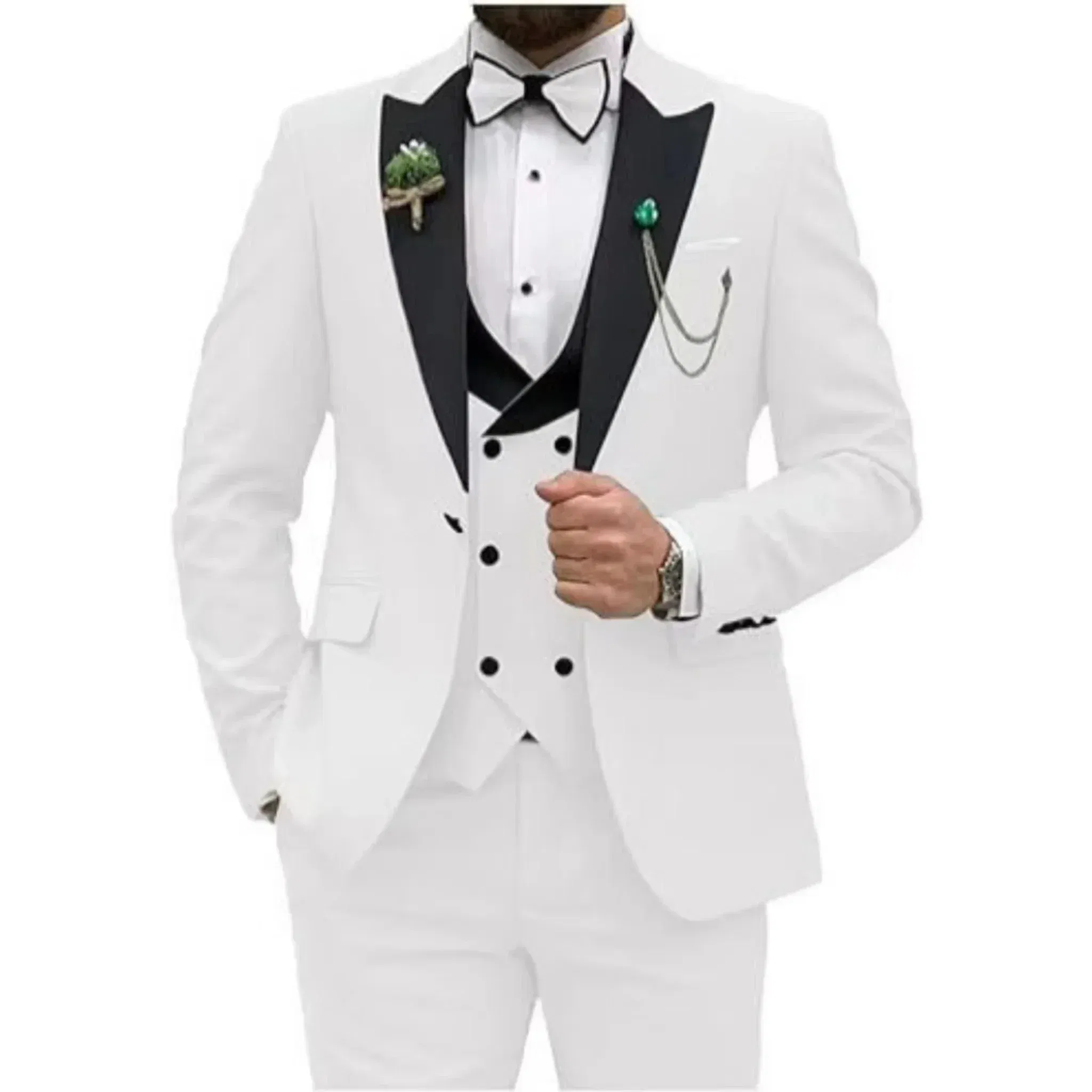 Color: WHITE, Size: L - Men Suit Colorful Luxury Blazer Vest And Pant Sets 3 Piece Birthday Dress Business Prom Evening Party Costumes High Quality
