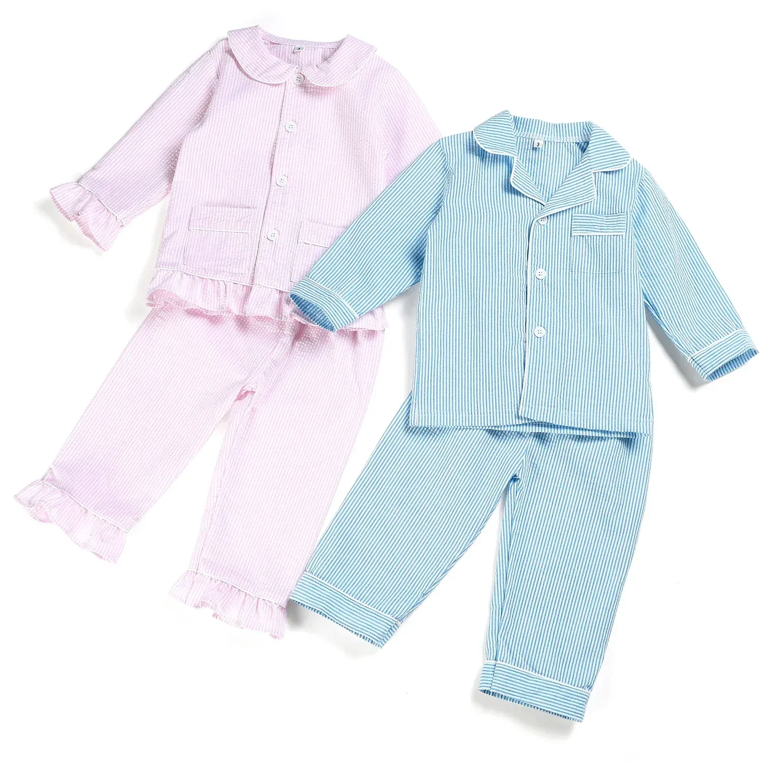 Color: PURPLE, Ships From: CHINA, Kid Size: 12t - Ruffkids 100% Cotton Summer Kids Pajamas Sleepwear Seersucker Striped Matching Pjs Boys Clothes Loungewear Girls Pyjamas Set