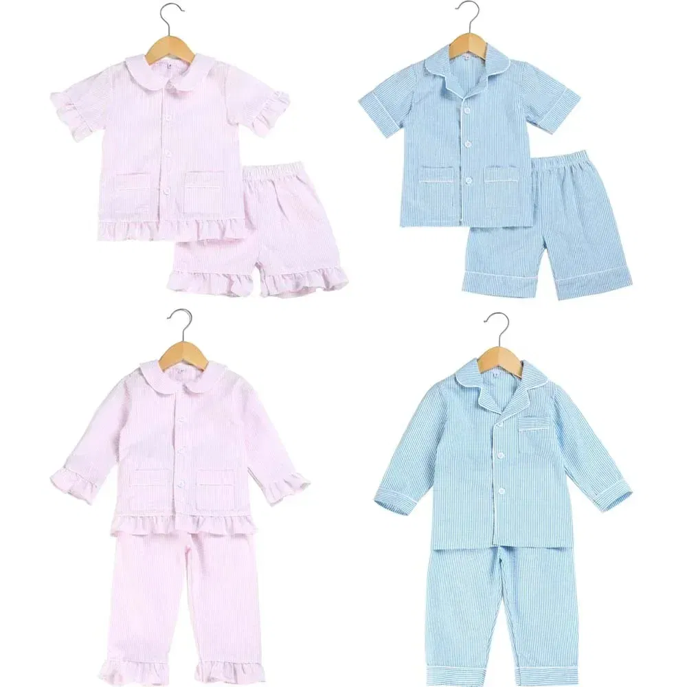 Color: PURPLE, Ships From: CHINA, Kid Size: 12t - Ruffkids 100% Cotton Summer Kids Pajamas Sleepwear Seersucker Striped Matching Pjs Boys Clothes Loungewear Girls Pyjamas Set
