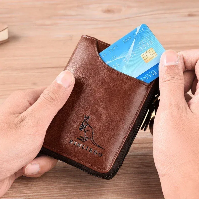 Color: Coffee - Luxury Designer Leather Men's Wallet RFID Zipper Card Holder Wallets for Men Portable Short Male Wallets Handbag