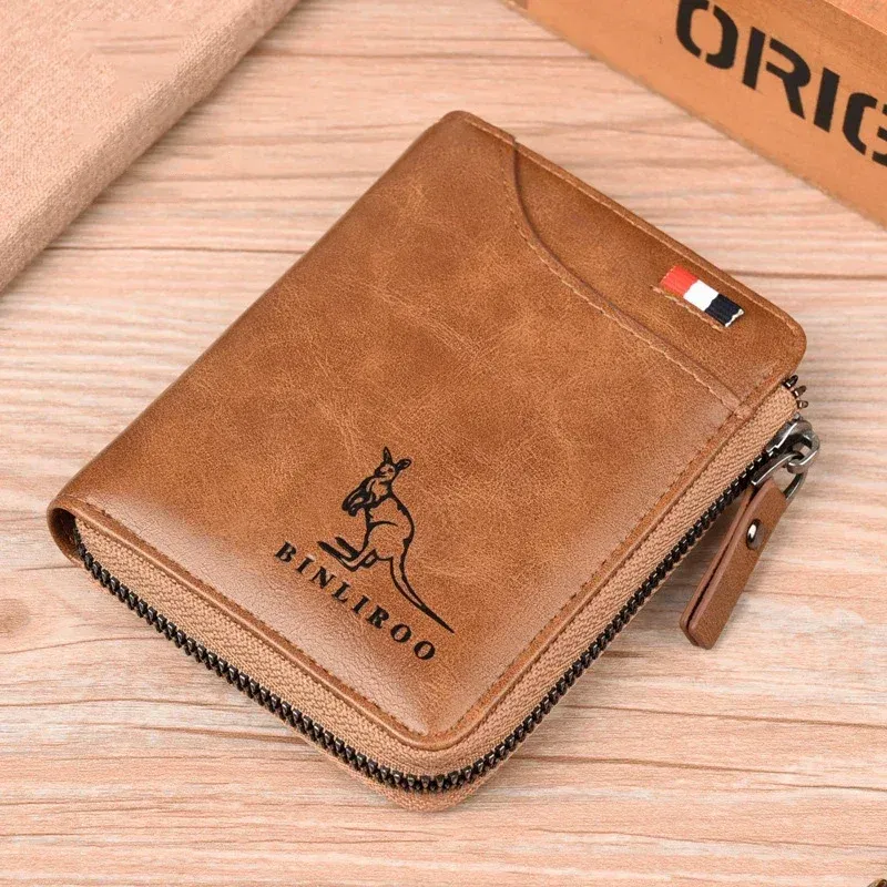 Color: Coffee - Luxury Designer Leather Men's Wallet RFID Zipper Card Holder Wallets for Men Portable Short Male Wallets Handbag