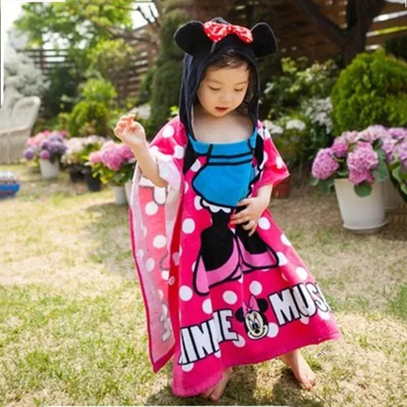 Color: Red - Disney Kids Hooded Bath Towel Child Breathable Beach Towel Mickey Minnie McQueen Car Cartoon Boy Girl Towel 60x120cm