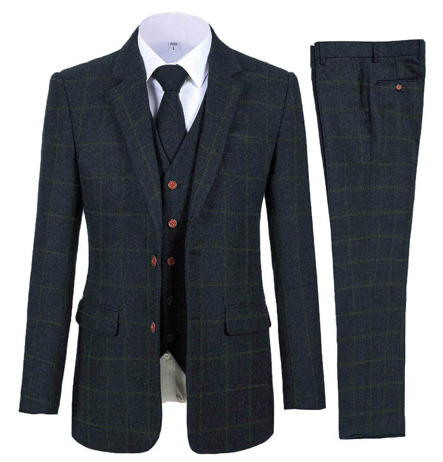 Color: Brown, Size: 5XL - Brown Men Suits Plaid Tweed Suits for Man Three Pieces Vintage Lapel Tuxedos Groomsmen Winter Wedding Suit(Blazer+Vest+Pants)
