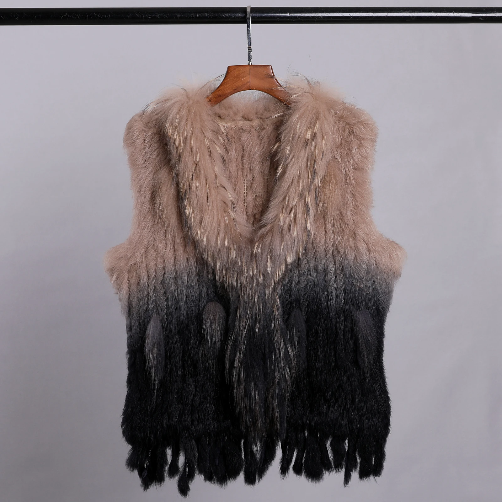 Color: Gold, Size: S - Luxury Women's Genuine Premium Long Hair Rabbit Fur Knit Vest Raccoon Fur Trim Gilet Lady Sleeveless Waistcoat Real Fur Jacket