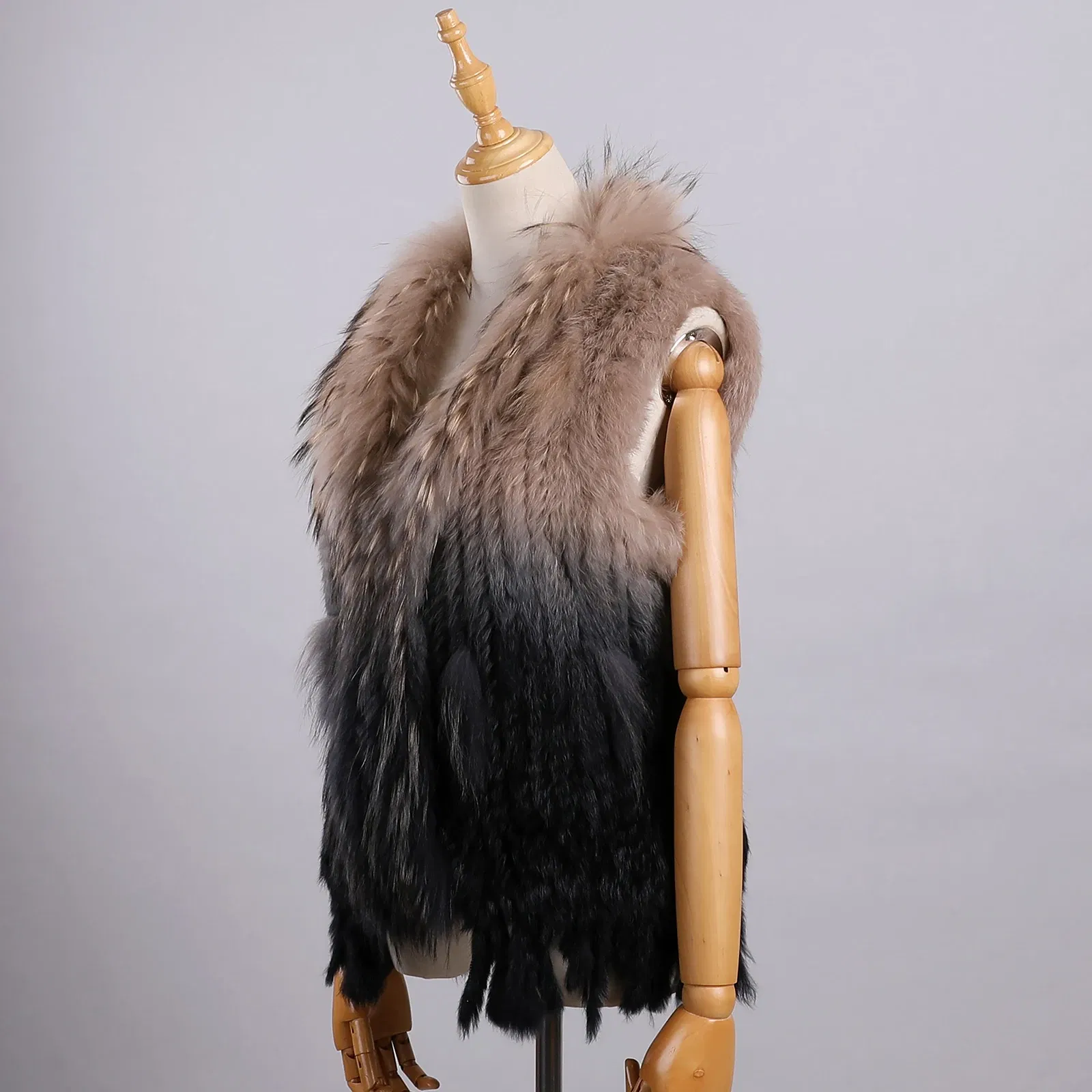 Color: Gold, Size: S - Luxury Women's Genuine Premium Long Hair Rabbit Fur Knit Vest Raccoon Fur Trim Gilet Lady Sleeveless Waistcoat Real Fur Jacket