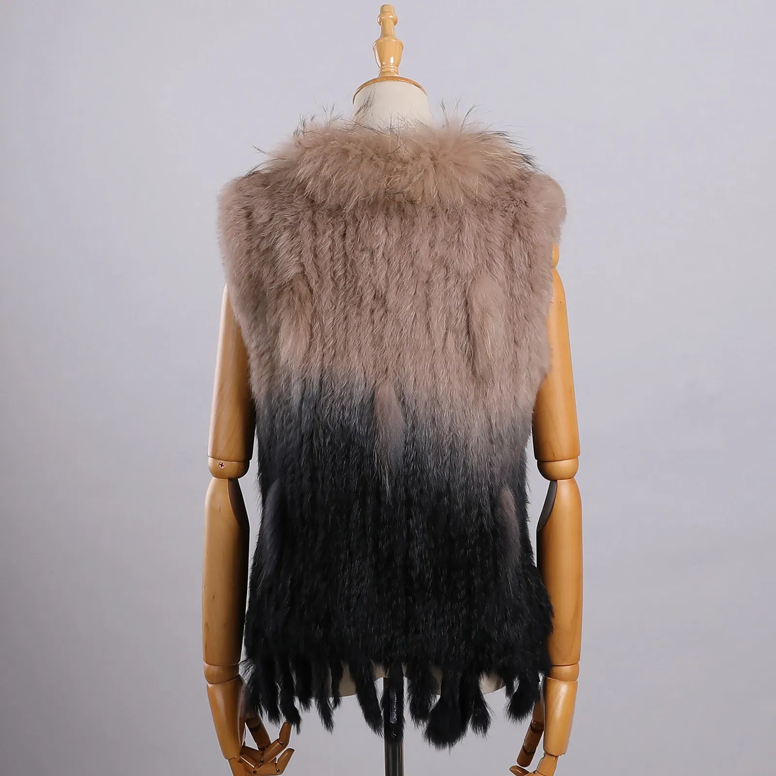 Color: Gold, Size: S - Luxury Women's Genuine Premium Long Hair Rabbit Fur Knit Vest Raccoon Fur Trim Gilet Lady Sleeveless Waistcoat Real Fur Jacket