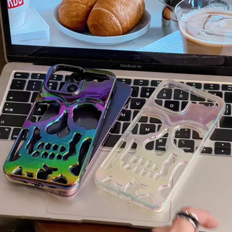 Color: Dark Grey, Material: Plastic - 3D Skull Ghostface Phone Case for iPhone 14 15 ProMax 11 12 13 Pro Max Plus Fashion Hollow Heat Dissipation Plating Slim Cover