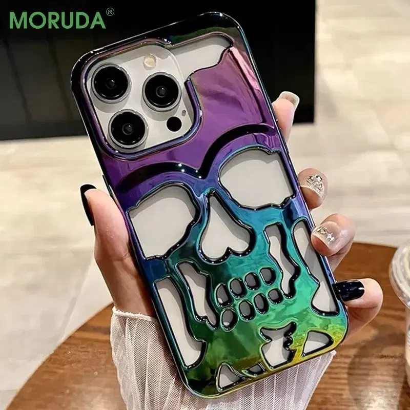 Color: Dark Grey, Material: Plastic - 3D Skull Ghostface Phone Case for iPhone 14 15 ProMax 11 12 13 Pro Max Plus Fashion Hollow Heat Dissipation Plating Slim Cover