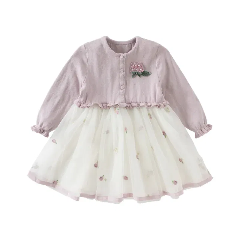 Color: Pink, Kid Size: 18M - Dave Bella 2025 Spring Girls Baby Princess Dress Children New Gentle Cute Embroidery Mesh Long Sleeved Party Outdoor DB1250340