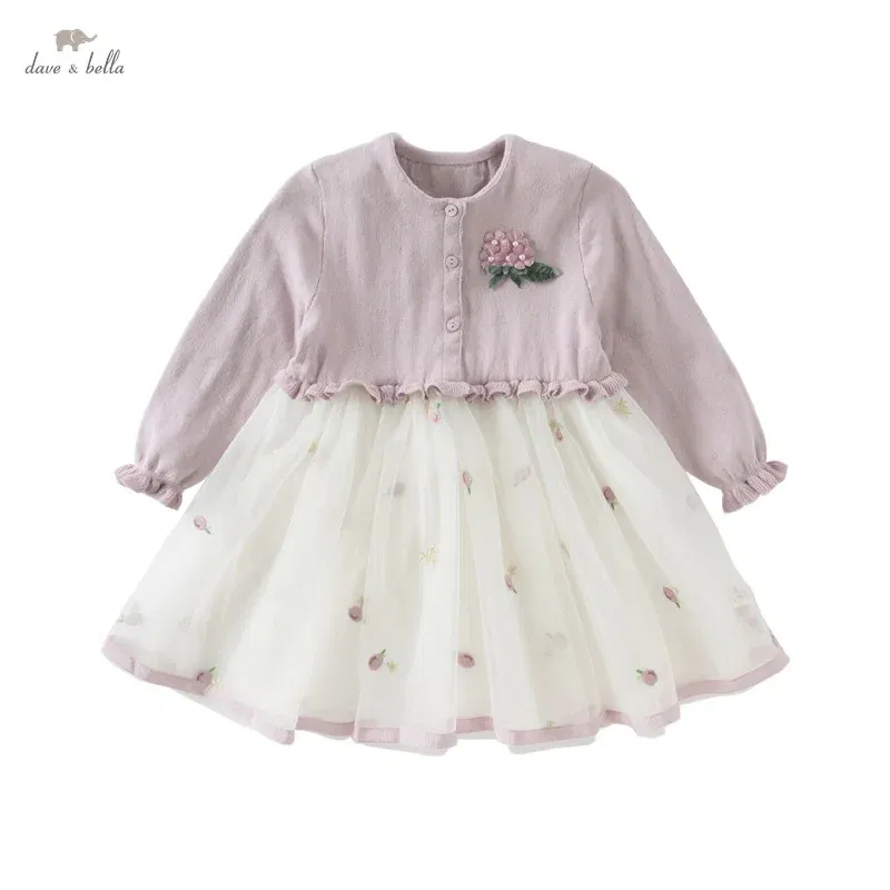 Color: Pink, Kid Size: 18M - Dave Bella 2025 Spring Girls Baby Princess Dress Children New Gentle Cute Embroidery Mesh Long Sleeved Party Outdoor DB1250340