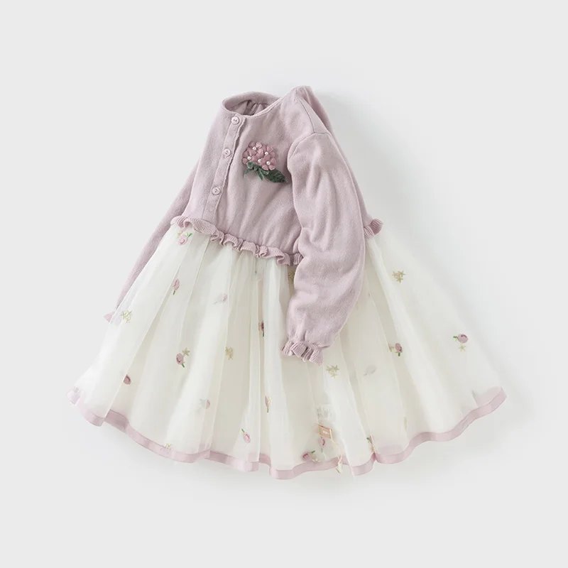 Color: Pink, Kid Size: 18M - Dave Bella 2025 Spring Girls Baby Princess Dress Children New Gentle Cute Embroidery Mesh Long Sleeved Party Outdoor DB1250340