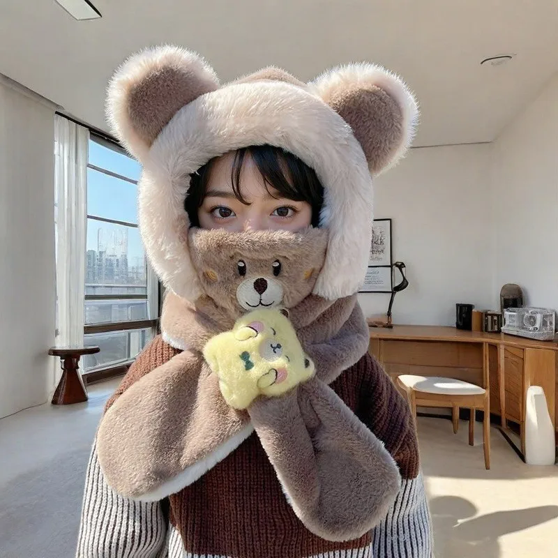 Color: Red - Winter Children One Piece Scarf Hat+Mask Cute Cartoon Baby Ear Protection Cap 1-6year Kids Plush Cross Neckerchief Warm Beanies