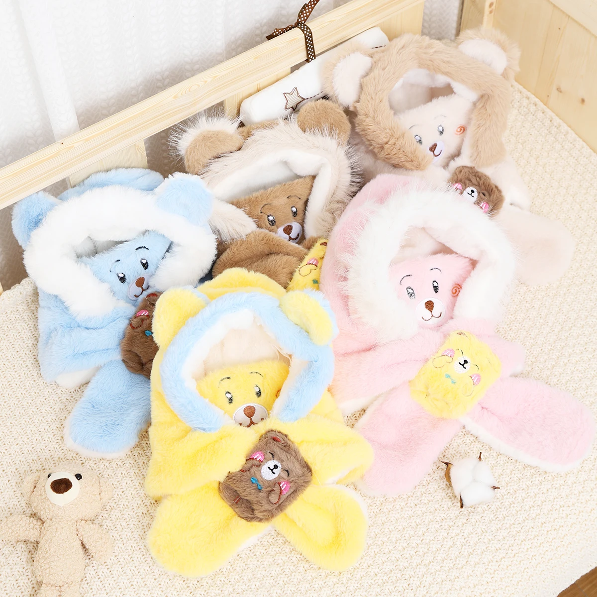 Color: Red - Winter Children One Piece Scarf Hat+Mask Cute Cartoon Baby Ear Protection Cap 1-6year Kids Plush Cross Neckerchief Warm Beanies