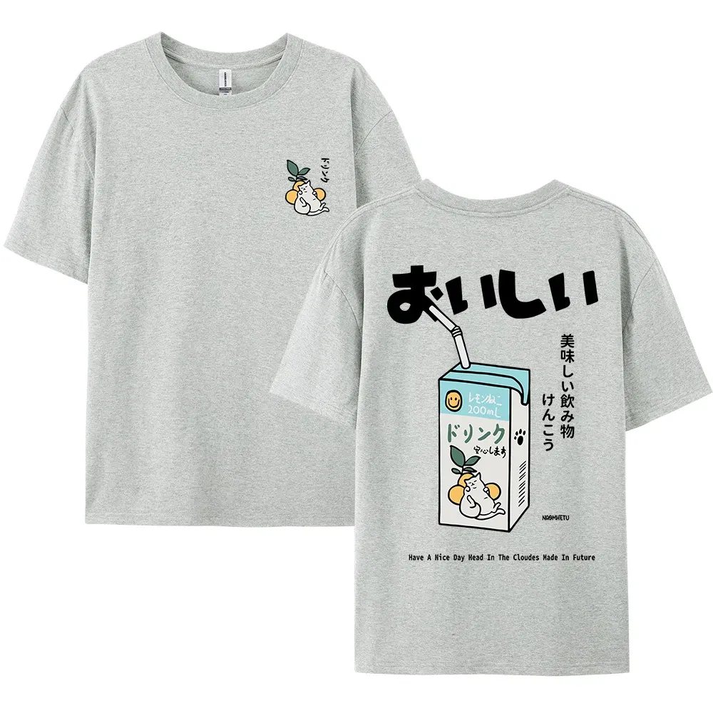 Color: GRAY, Size: XL - Cute Japanese Cat Print Oversized T-shirt men Women Short Sleeve Loose Casual Tee Shirt Streetwear Tops Cotton Harajuku Clothing