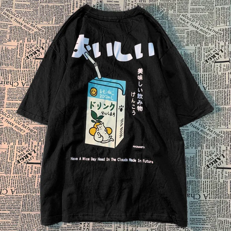 Color: GRAY, Size: XL - Cute Japanese Cat Print Oversized T-shirt men Women Short Sleeve Loose Casual Tee Shirt Streetwear Tops Cotton Harajuku Clothing
