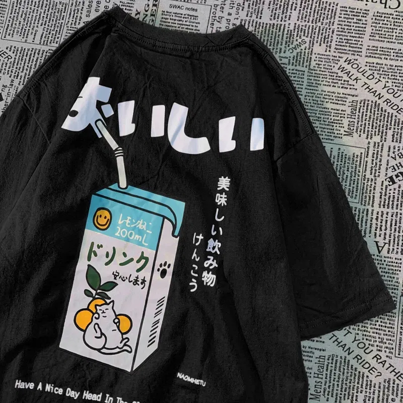 Color: GRAY, Size: XL - Cute Japanese Cat Print Oversized T-shirt men Women Short Sleeve Loose Casual Tee Shirt Streetwear Tops Cotton Harajuku Clothing