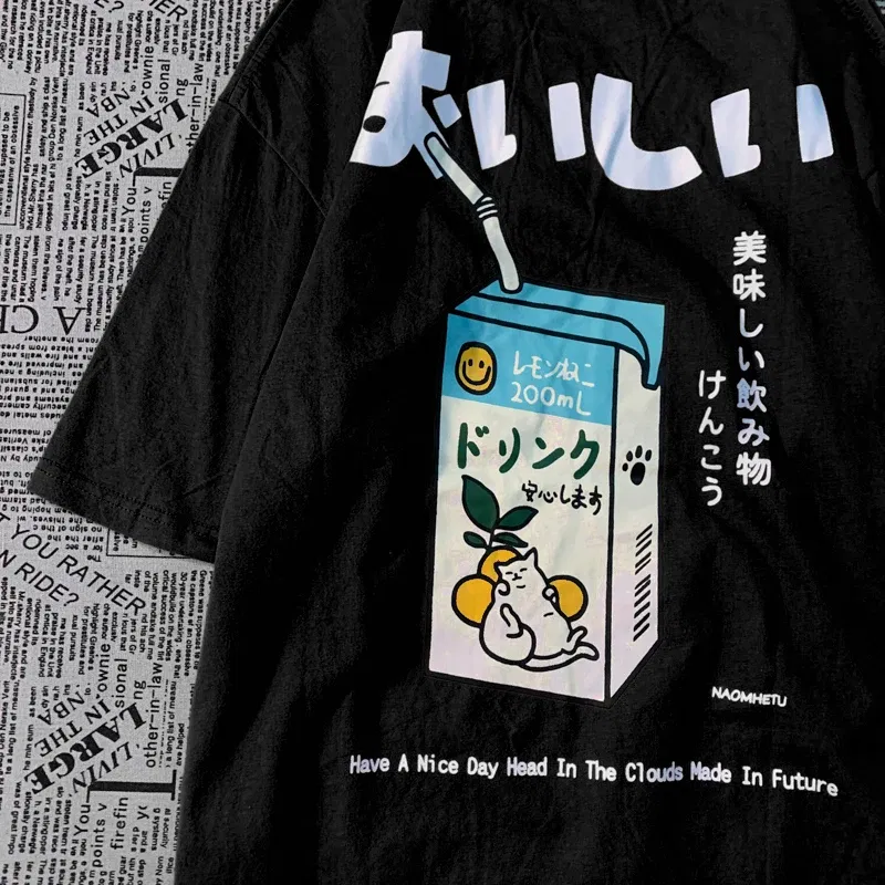 Color: GRAY, Size: XL - Cute Japanese Cat Print Oversized T-shirt men Women Short Sleeve Loose Casual Tee Shirt Streetwear Tops Cotton Harajuku Clothing