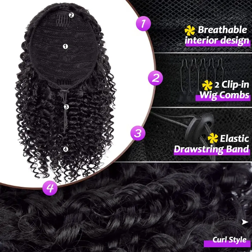Color: #1, Stretched Length: 20inches - Synthetic Short Afro Kinky Curly Ponytail Hair Piece for African American Ponytail Extension Afro Kinky Curly Ponytail for Women