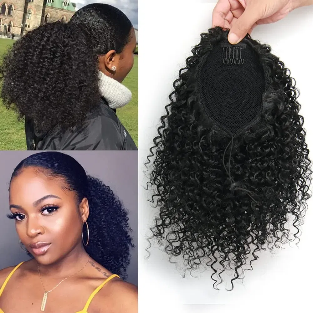 Color: #1, Stretched Length: 20inches - Synthetic Short Afro Kinky Curly Ponytail Hair Piece for African American Ponytail Extension Afro Kinky Curly Ponytail for Women