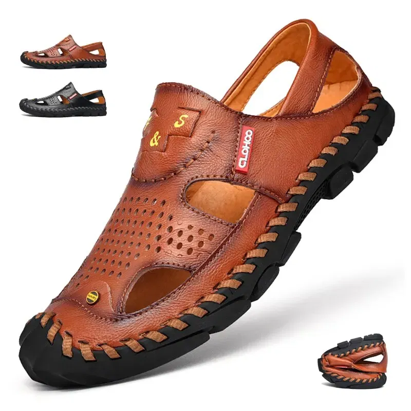 Shoe Size: 46, Color: Brown - 2023 Men Genuine Leather Shoes Men's Sandals Durable Handmade Stitching Close Toe Non Slip Shoes For Indoor Outdoor Beach