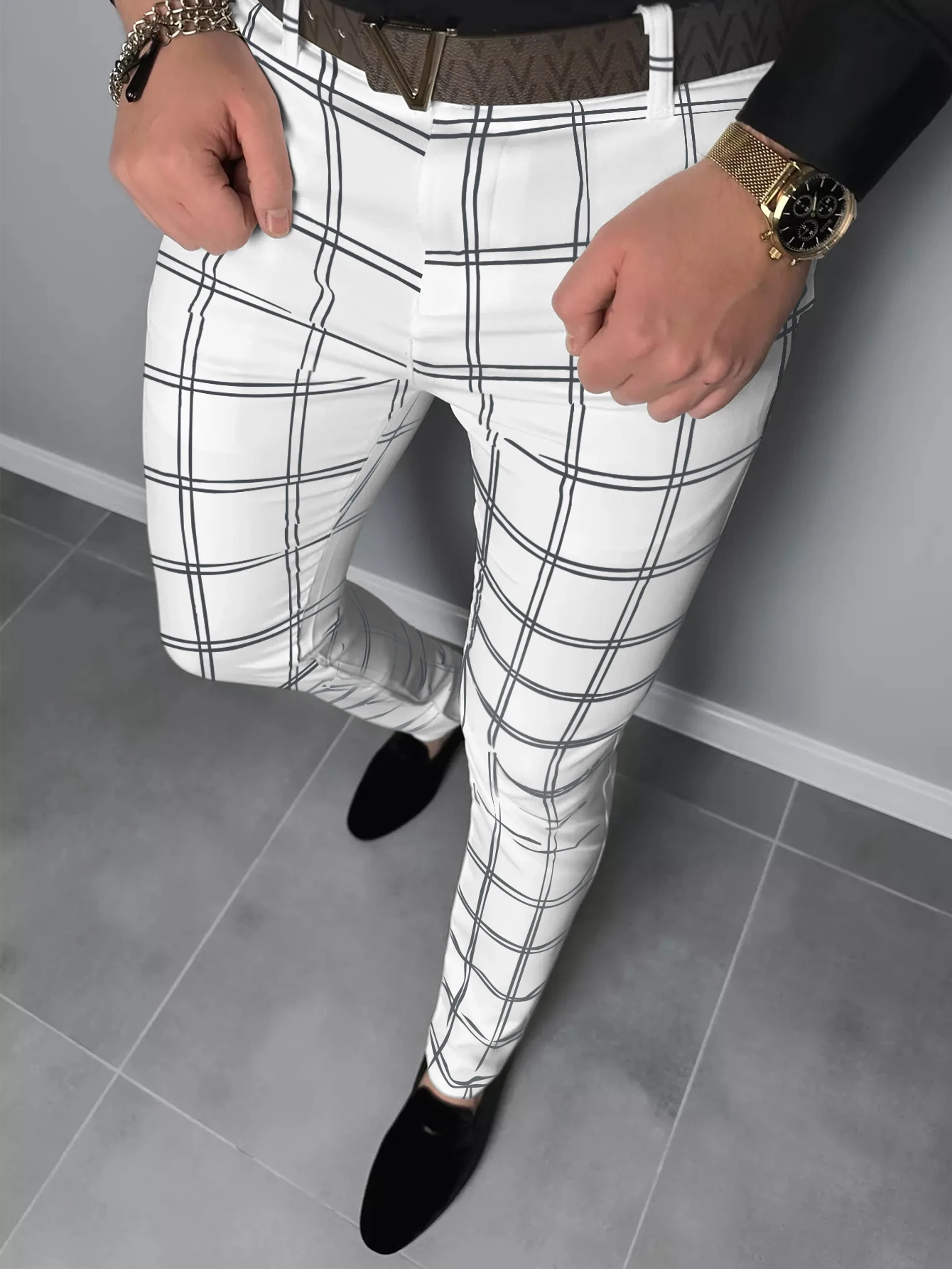 Color: Blue, Size: XXXL - Checkered Fashion Europe and the United States Style Men's Pants Business Casual Travel Slim Pants Comfortable and Versatile