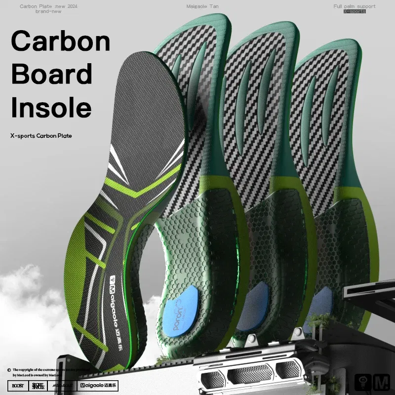 Color: green, Shoe Size: 0 - Mcgola Racing Running Special Insole Marathon Physical Examination Full-Length Real Carbon Plate Running Enhancement with Speed Rebound