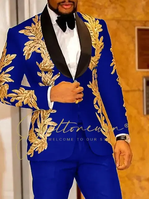 Color: ROYAL BLUE, Size: 4XL - Luxury Groom Wedding Tuxedos Gold Sequins Appliques Black Men Suits Slim Fit Costume Homme Marriage Prom Suits
