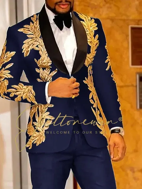 Color: ROYAL BLUE, Size: 4XL - Luxury Groom Wedding Tuxedos Gold Sequins Appliques Black Men Suits Slim Fit Costume Homme Marriage Prom Suits