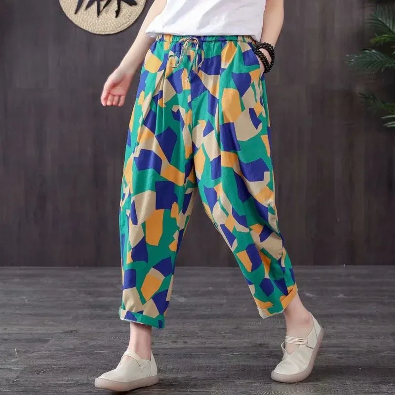 Color: black, Size: S - Cotton and Linen Pants for Women Summer  Printing Harem Pants Female Mother Loose Retro Fashion Women's Ankle Length  Pants