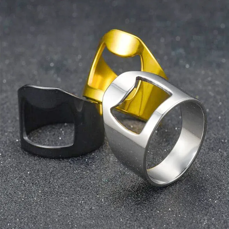 Main Stone Color: black, Ring Size: 9 - VIVILADY Titanium Stainless Steel Creative Bottle Opener Ring Jewelry For Unisex Punk Simple Fashion Party Bar Gift Wholesale
