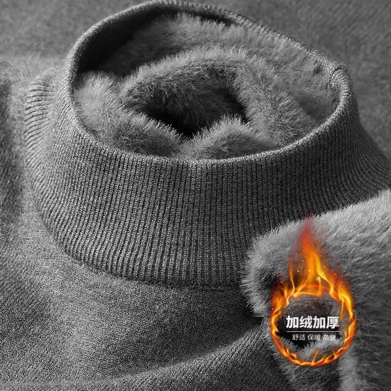 Color: Beige, Size: XXXL - Plush Men's Knitted Sweater Turtleneck with Velvet Padded Warm Solid Pullovers Autumn Winter Thick Bottom Casual O-Neck Sweater