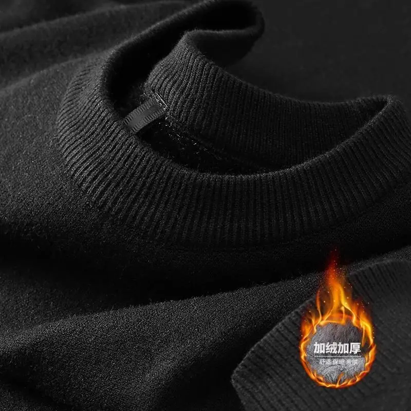 Color: Beige, Size: XXXL - Plush Men's Knitted Sweater Turtleneck with Velvet Padded Warm Solid Pullovers Autumn Winter Thick Bottom Casual O-Neck Sweater