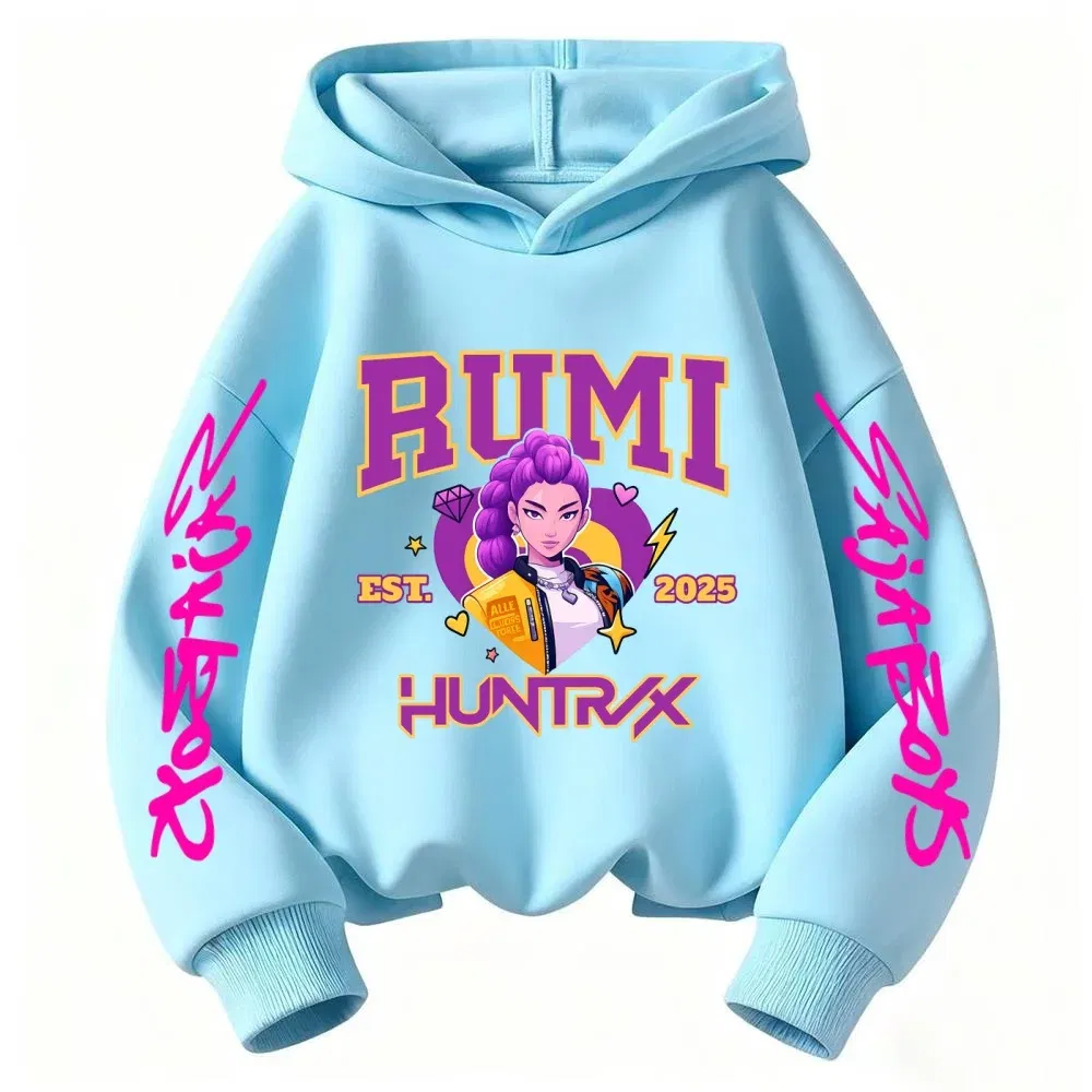 Color: SKY BLUE, Kid Size: 8 - 2025 KPop Devil Hunter Cartoon Girl Boy Hooded Sweatshirt Kawaii Children's Korean Wave Casual Fashion Top