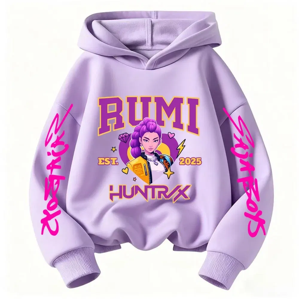 Color: SKY BLUE, Kid Size: 8 - 2025 KPop Devil Hunter Cartoon Girl Boy Hooded Sweatshirt Kawaii Children's Korean Wave Casual Fashion Top