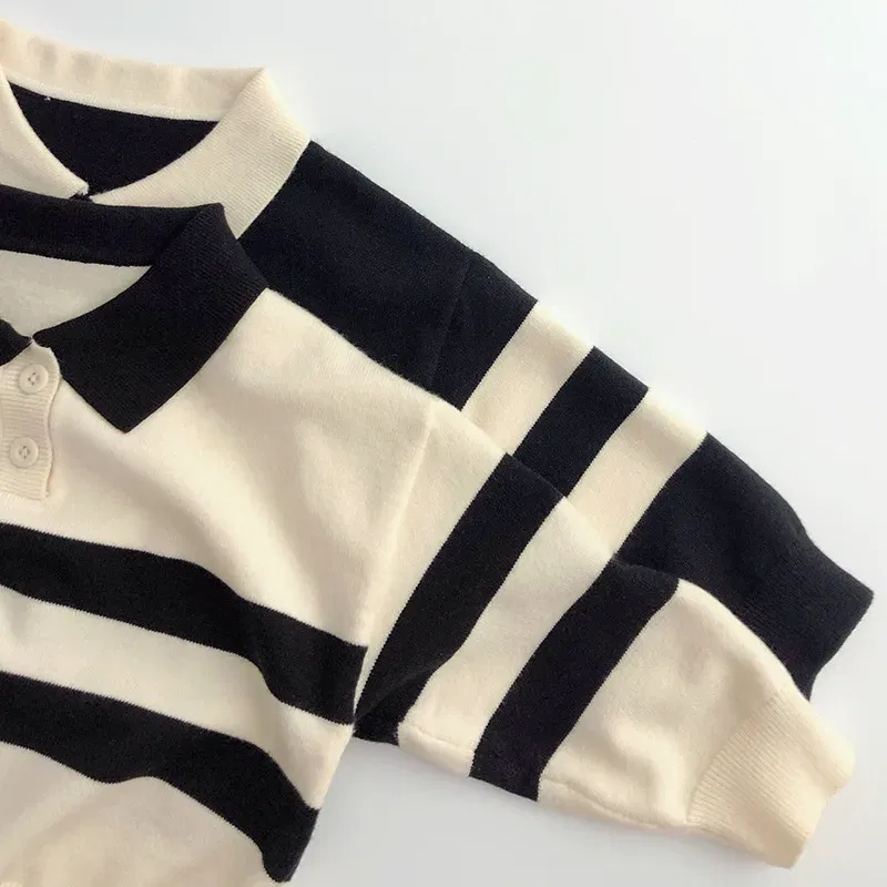 Color: Beige, Kid Size: 4T - 2025 Autumn New Children Long Sleeve Striped Sweater Cotton Boys Knitted Shirts Cute Baby Casual Knit Sweater Kids Clothes