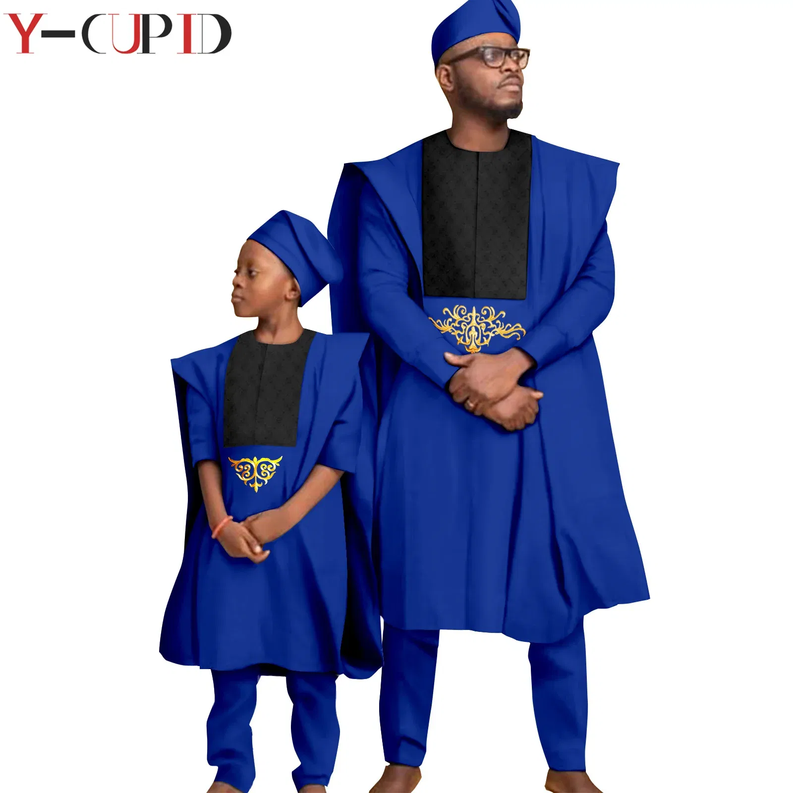 Color: Dark Grey, Size: S - African Clothes for Men Top Pants Robes Hat Sets Match Kid Boy Sets Dashiki Father and Son Bazin Riche Family Outfits Y20F001