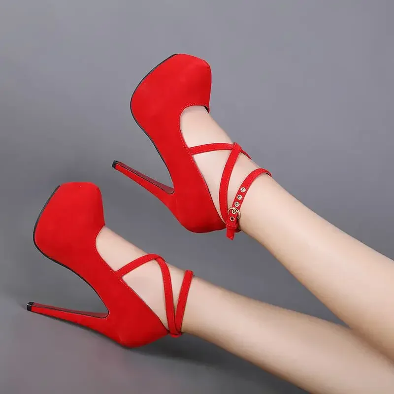 Color: Red, Shoe Size: 34 - Sexy Classic High Heels Women's Sandals Summer Shoes Ladies Strappy Pumps Platform Heels Woman Ankle Strap Shoes Sizes 34-42