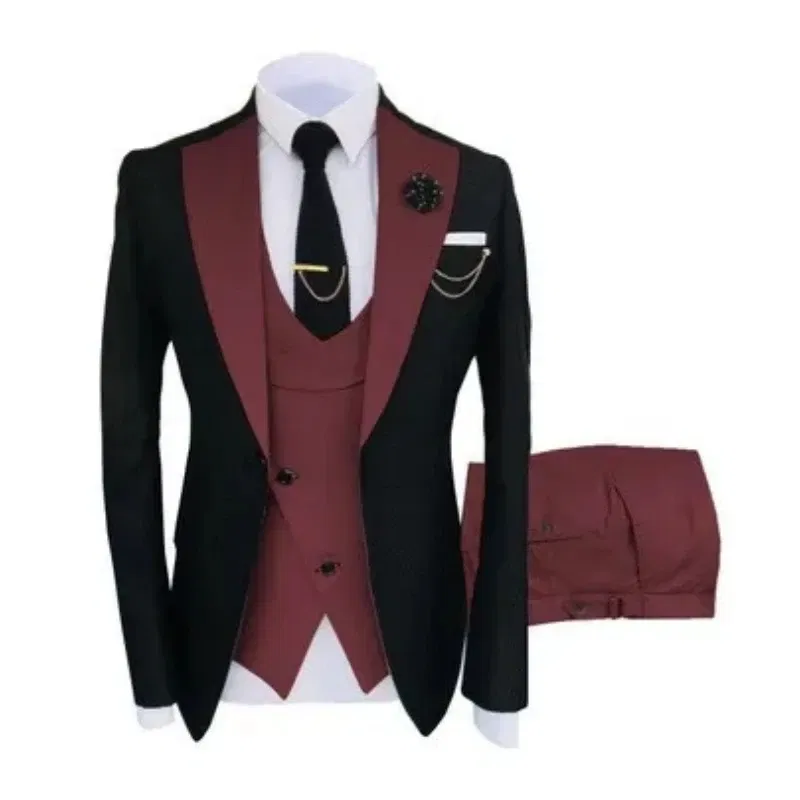 Color: Pink, Size: XXL - Men Suits 3 Pieces Tailored Best Man Groom Wedding Tuxedo Slim Fit Jacquard Two-color Blazer Jacket Vest Pants Tuxedo Clothing